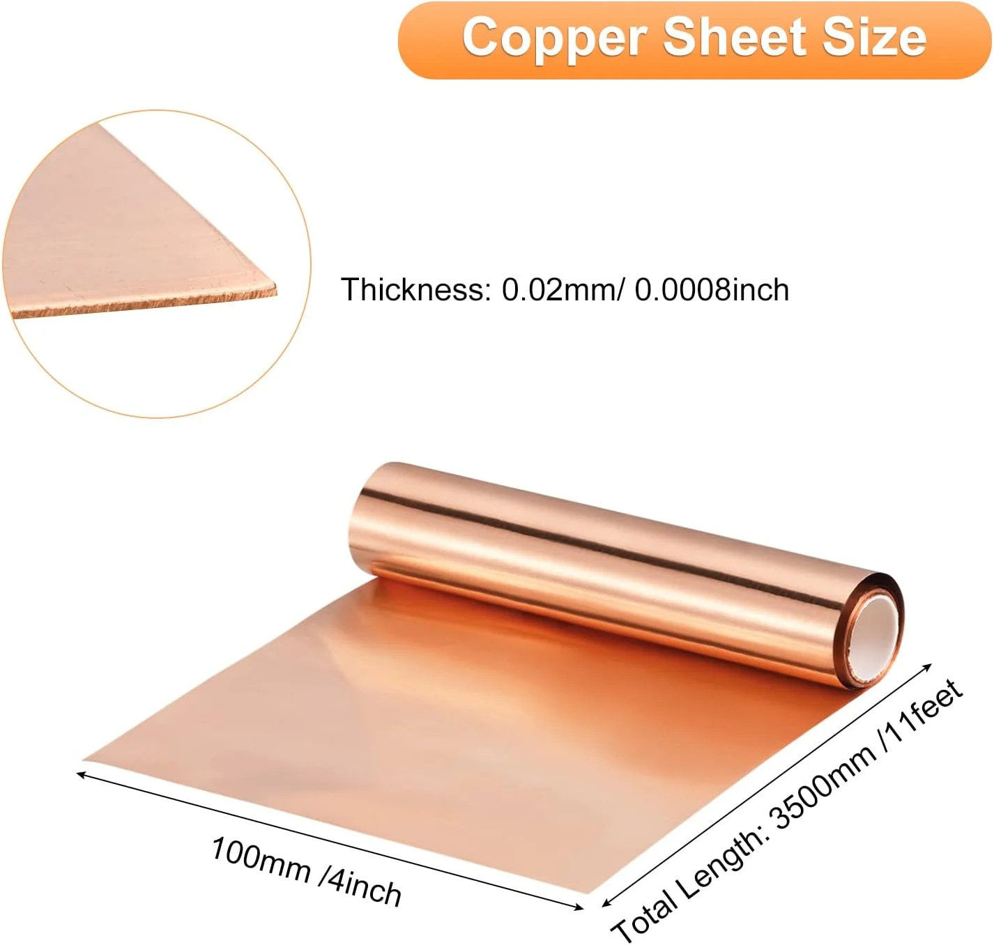 uxcell Copper Flashing Sheet Roll 3500mm x 100mm x 0.02mm, 99.9% Pure Copper Str