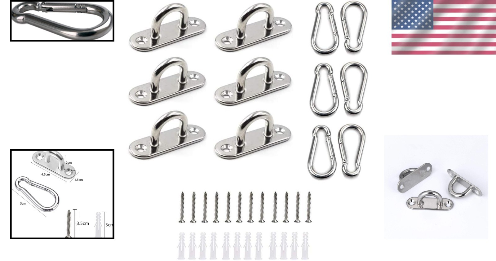 Stainless Steel Pad Eye Plate Set with Carabiner Clips