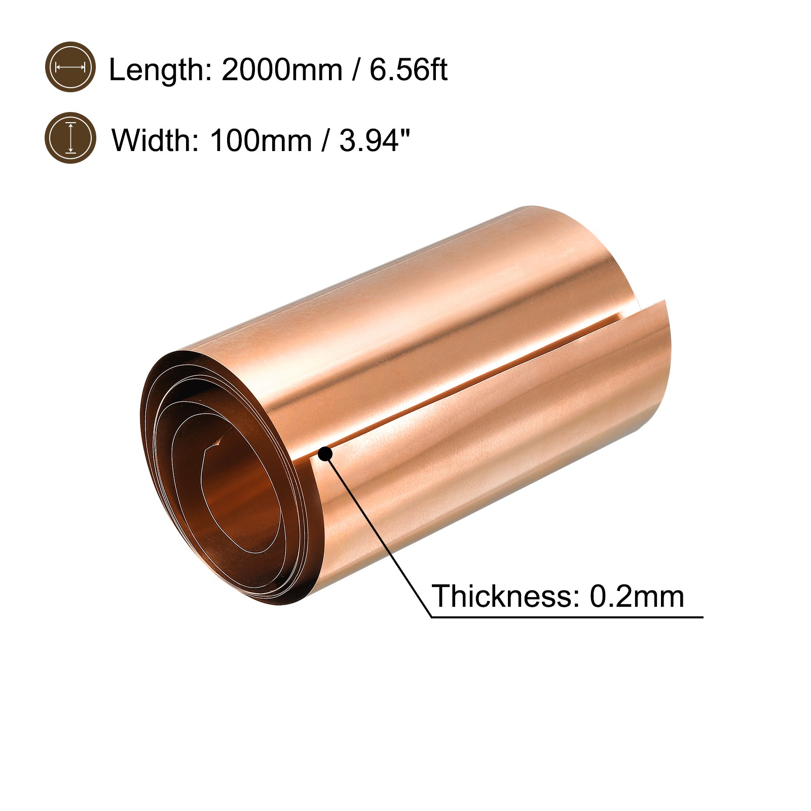Copper Sheet Roll, Metal Foil Plate 2000mm x 100mm x 0.2mm