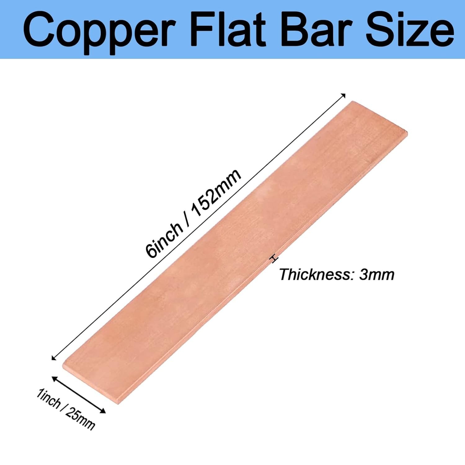 1/8″ x 1″ C110 Copper Flat Bar 6″ Long, Copper Bus Bar