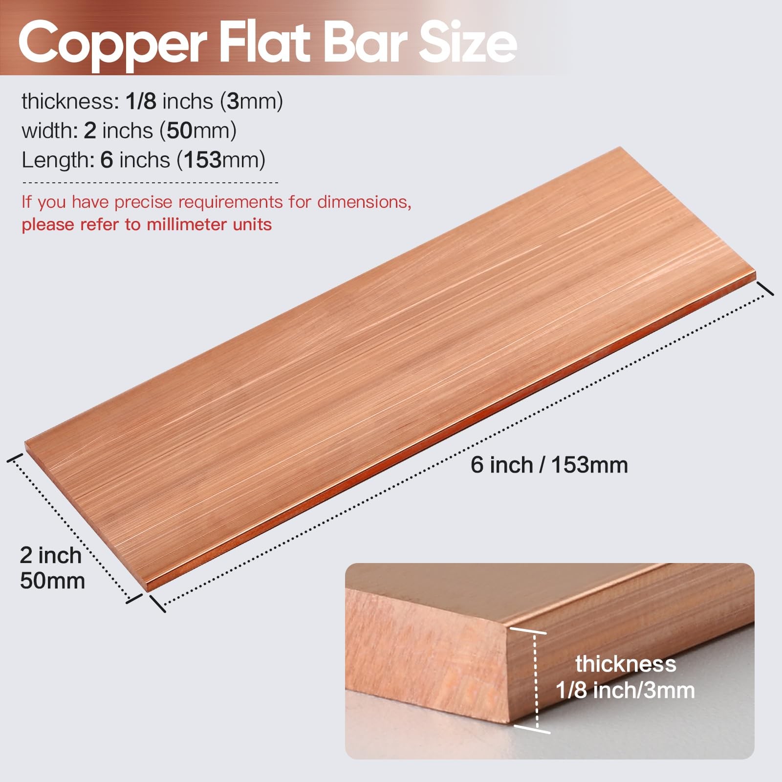 1 PCS Copper Flat Bar 1/8x2x6 Inch 99.9% Solid C110 Bar Stock DIY Mill Plate
