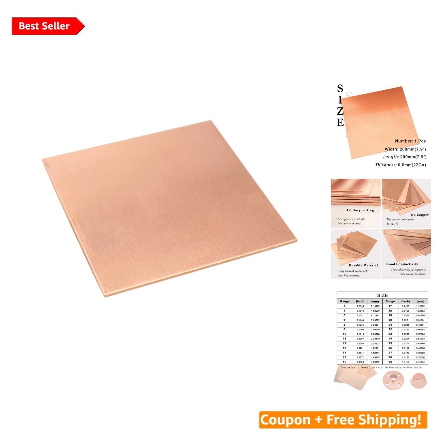 Versatile 22 Gauge Copper Sheet 7.9″ x 7.9″ – Perfect for Crafts & Home Projects
