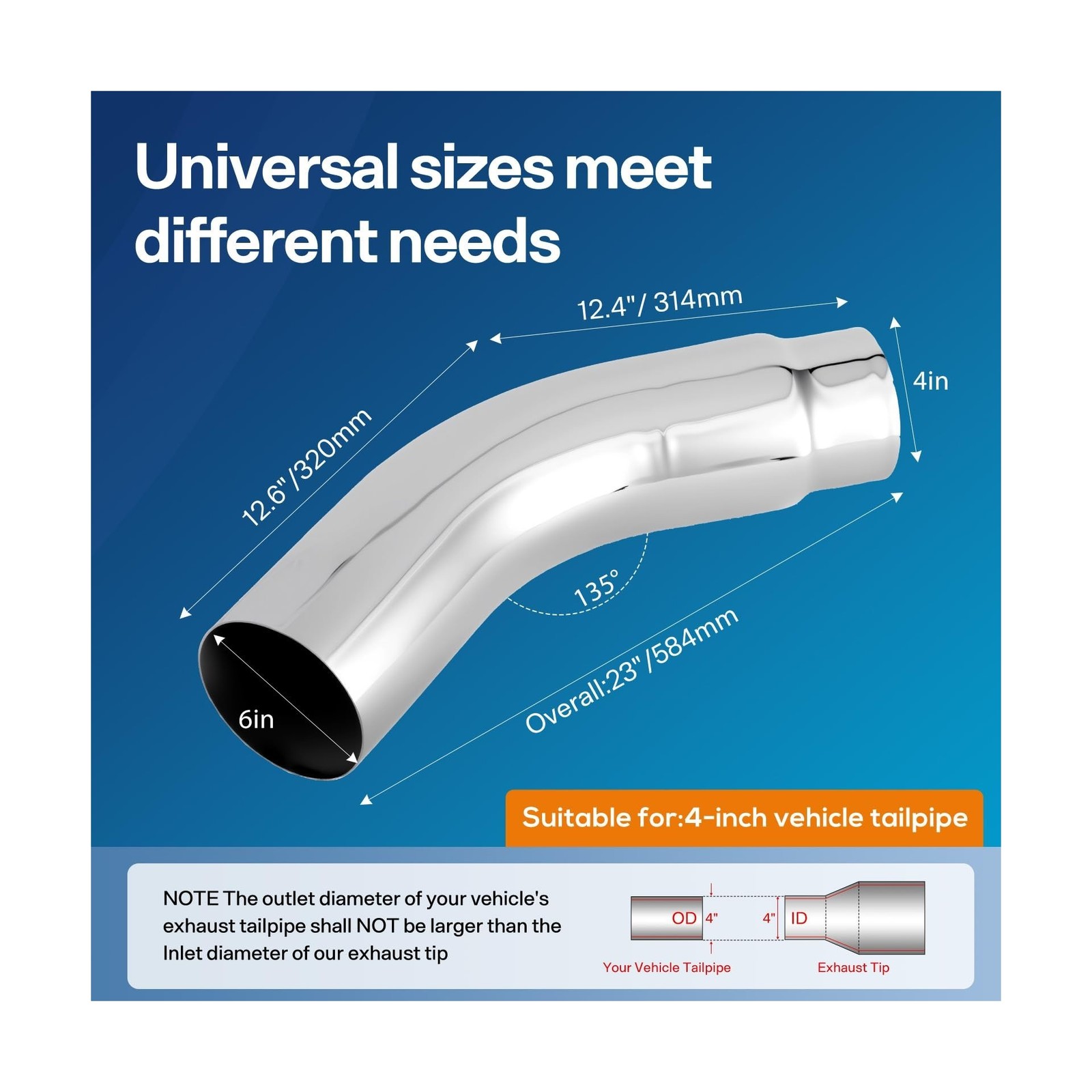 4-6″ Universal Exhaust Elbow Pipe w/Clamp Chrome Finish Drynochet | Premium S…
