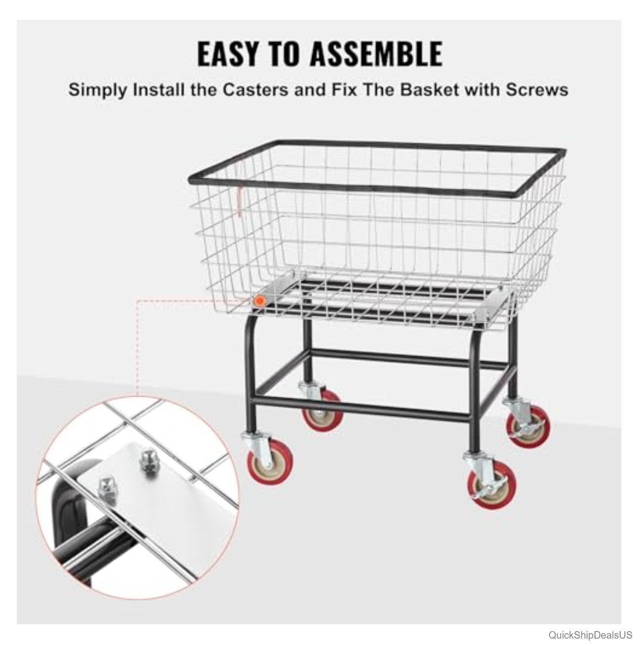 Wire Laundry Cart 2.8 Bushel Steel Frame Chrome Finish 4 Caster Wheels
