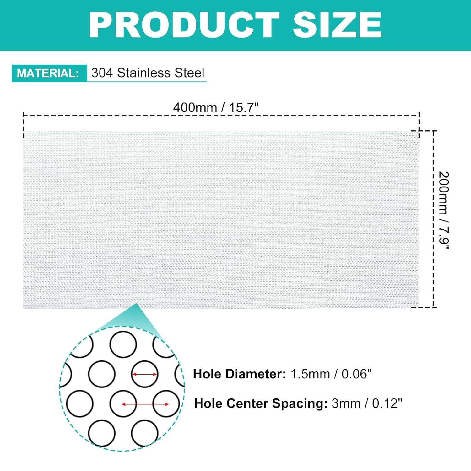 15.7″ X 7.9″ 304 Stainless Steel Perforated Sheet, 0.06″ Hole 19GA Expanded Meta