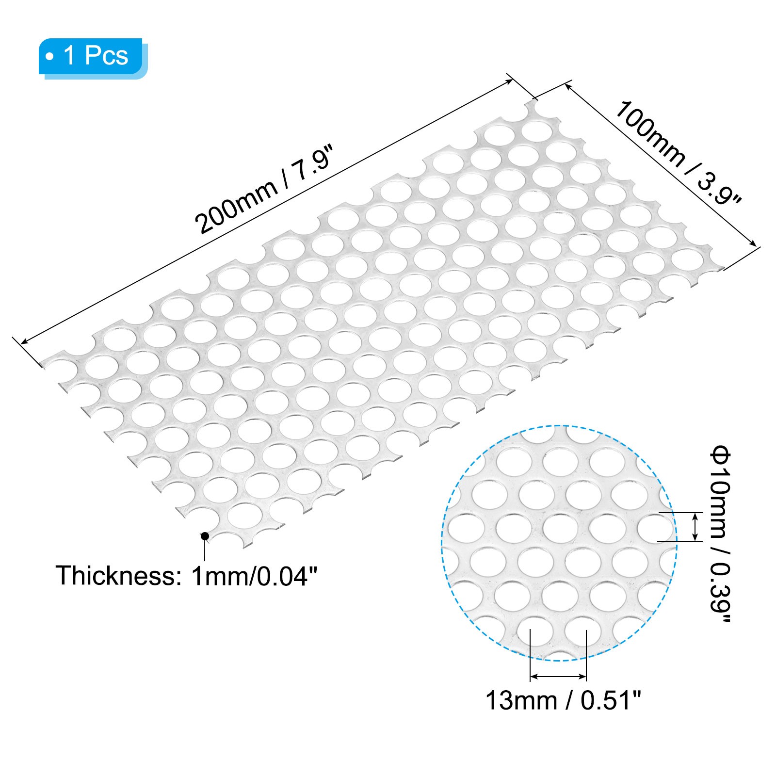 7.9″ L x 3.9″ W Perforated Metal Sheets, 18Ga 0.39″ Hole 304 Stainless Steel