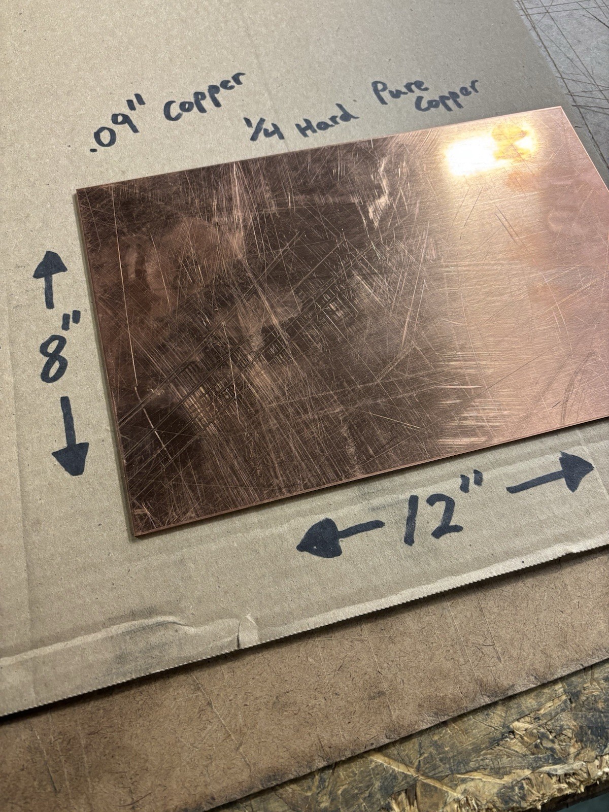 3/32” (0.090” Thick) Copper Sheet Metal – 1/4 Hard Pure Copper 8” x 12”