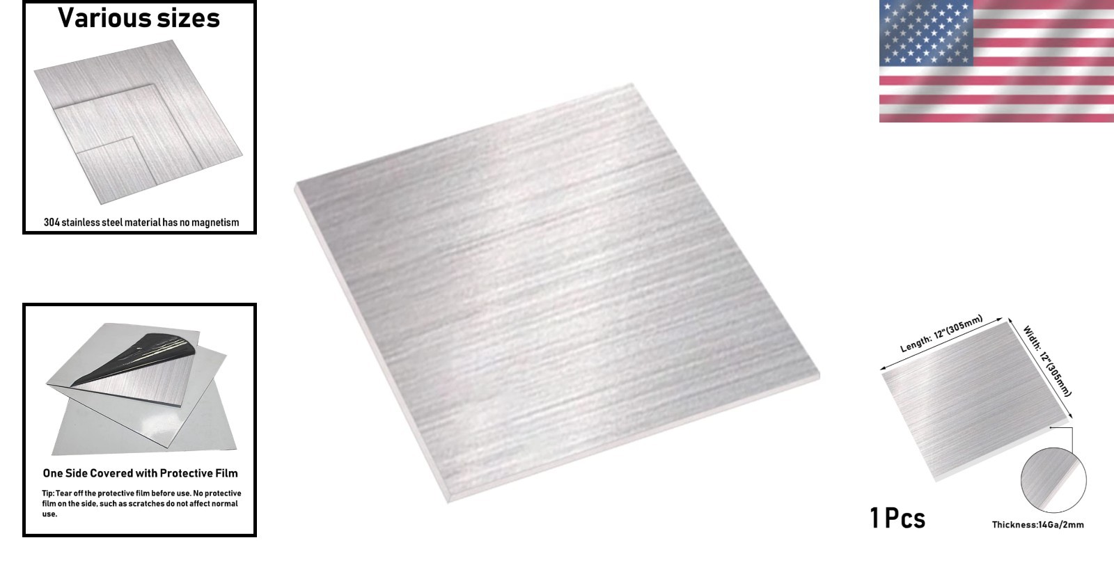 304 Stainless Steel Brushed Finish Sheet, 14 Gauge, 0.08” Thickness, 1 Pcs