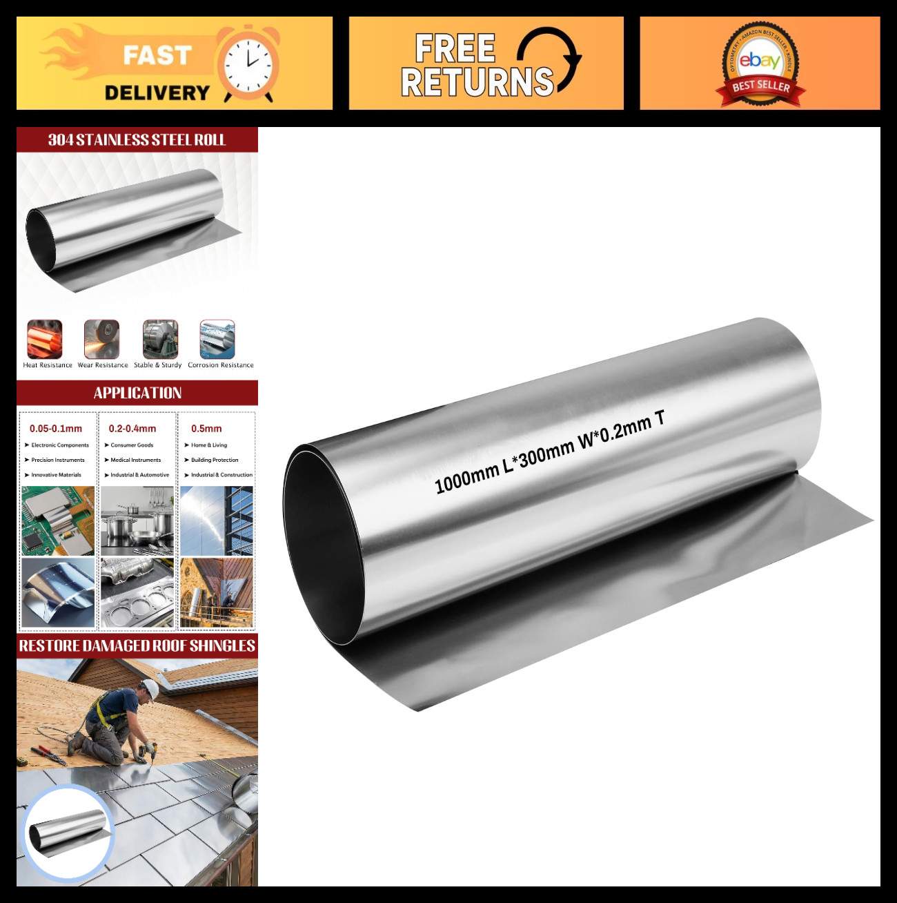 304 Stainless Steel Foil Roll 0.2mm x 300mm x 1M – Metal Sheet for Crafts & Indu