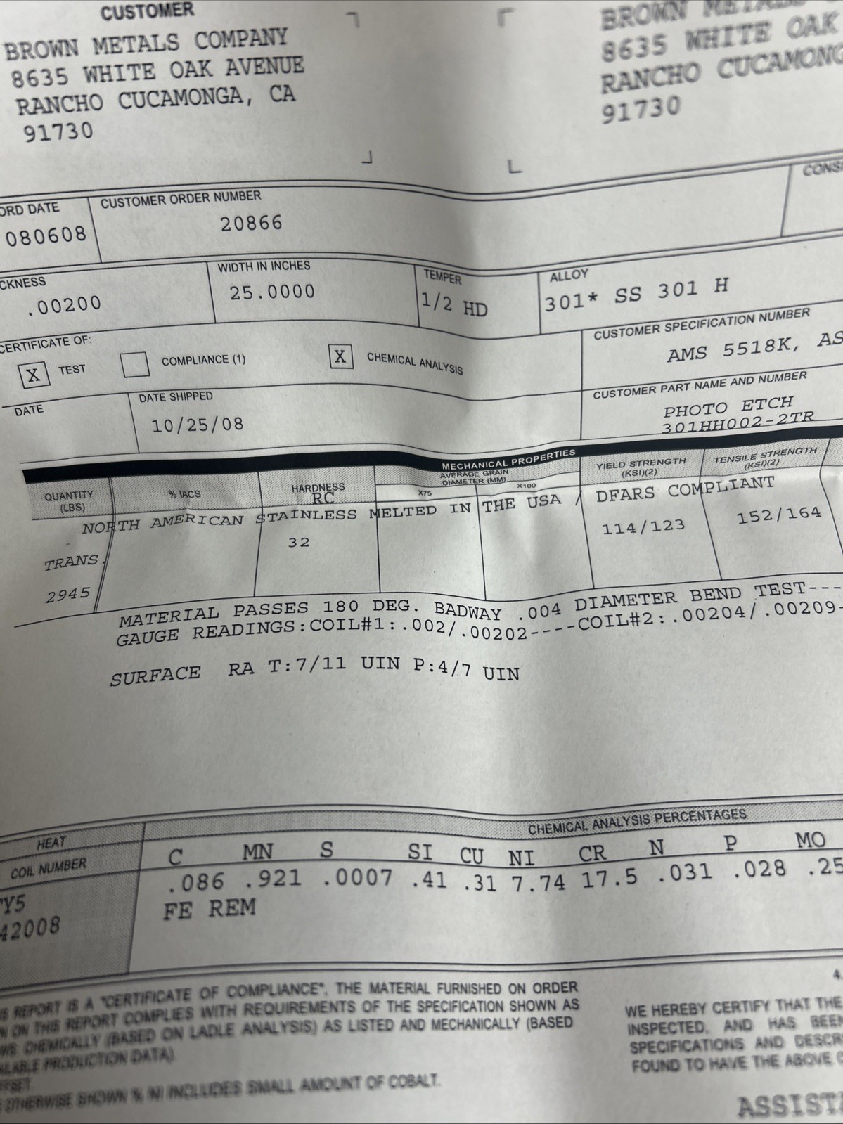 301 Stainless Steel Shim Stock .002×6”x50” 301 Half Hard 301 1/2 Hard .002x6x50”