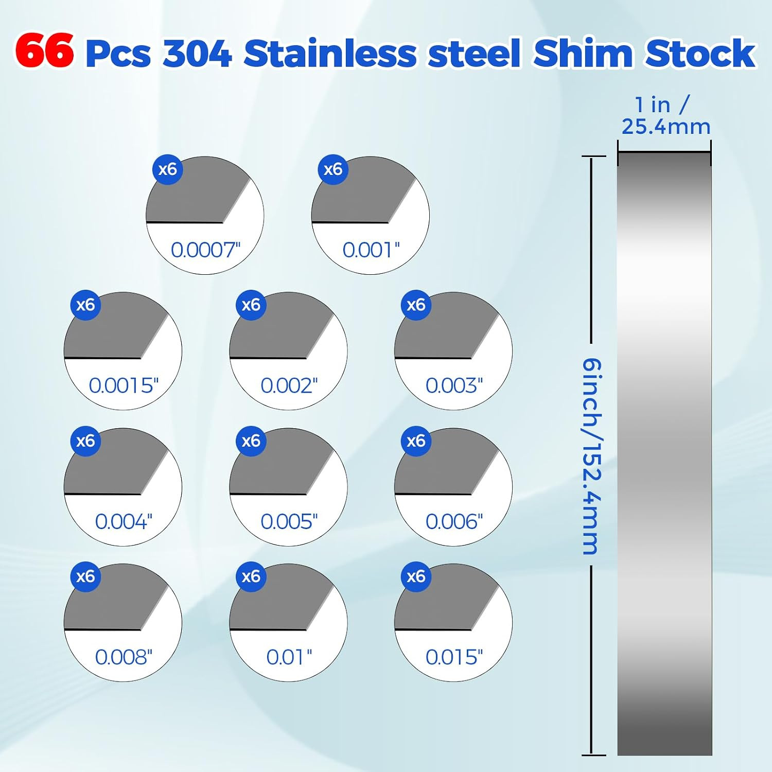 66 Pcs Shim Stock Assortment, 304 Stainless Steel Metal Shims for Leveling, 11 T