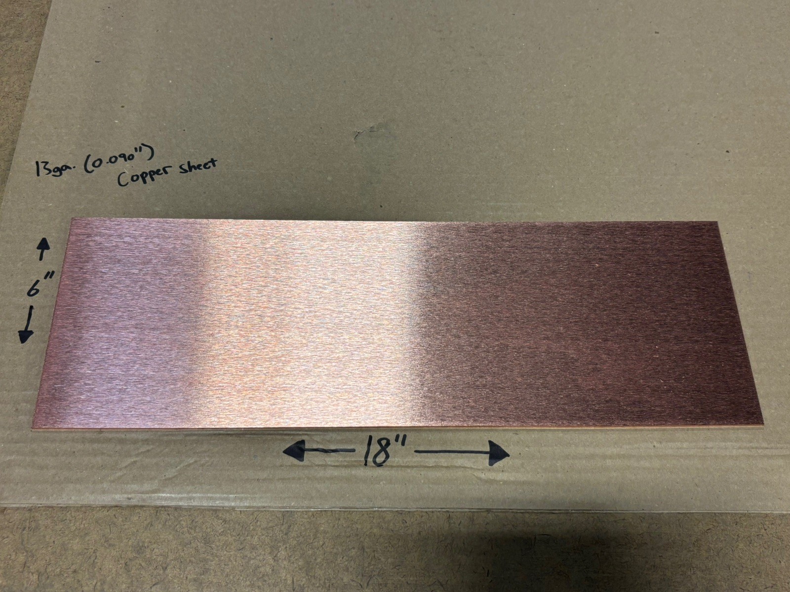13gauge (0.090” Thick) Pure Copper Sheet Metal – 1/4 hard – 6” x 18” brushed