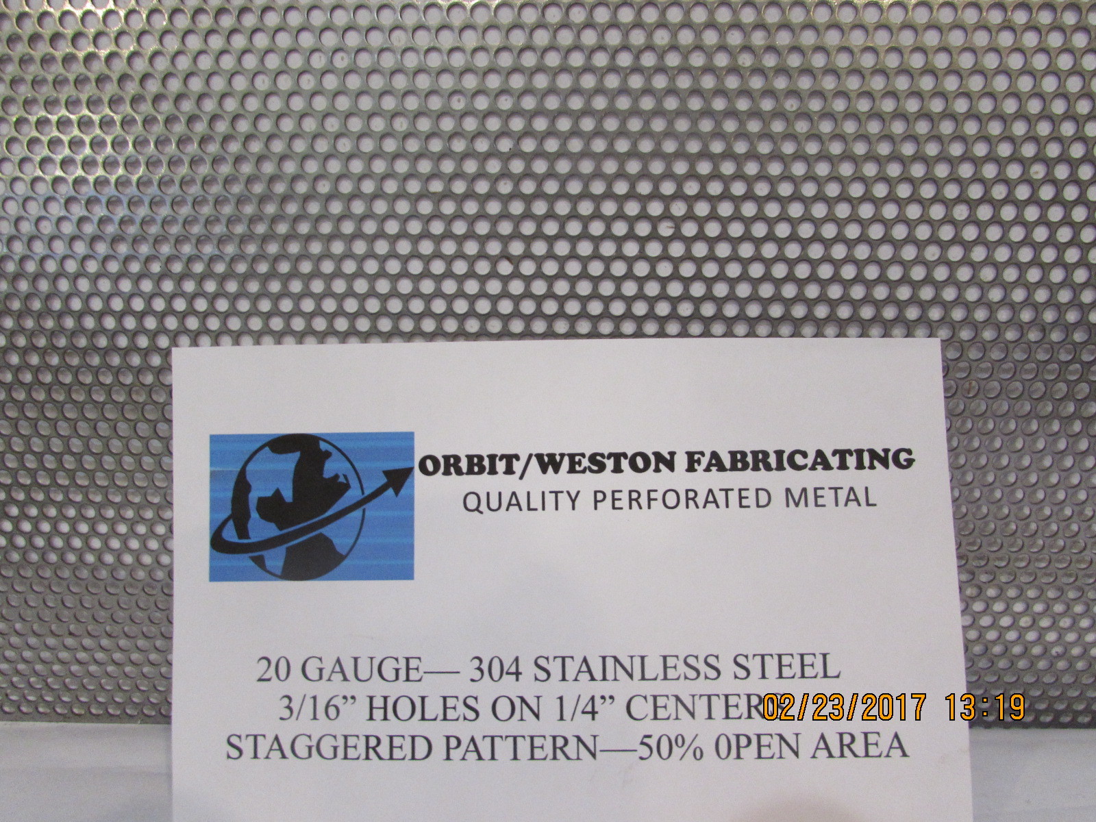 ==3/16″ HOLES–20 GA. STAINLESS STEEL PERFORATED SHEET –4-5/8″ X 11-3/4″ ===