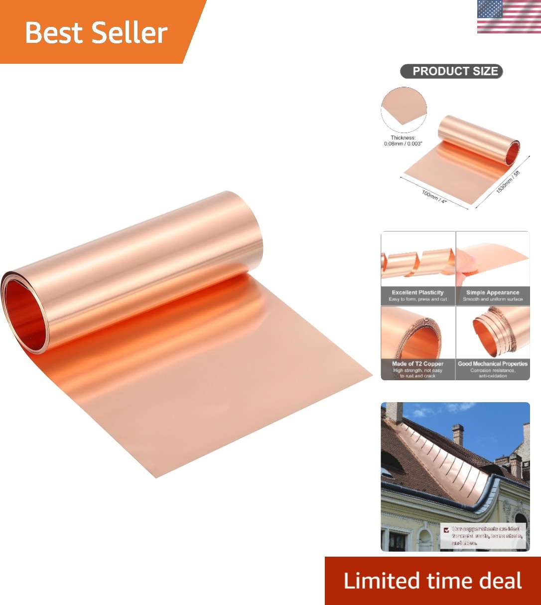 Pure Copper Sheet Roll, 0.08mm 25Ga Thick T2 Copper Flashing 1530mm x 100mm/5…
