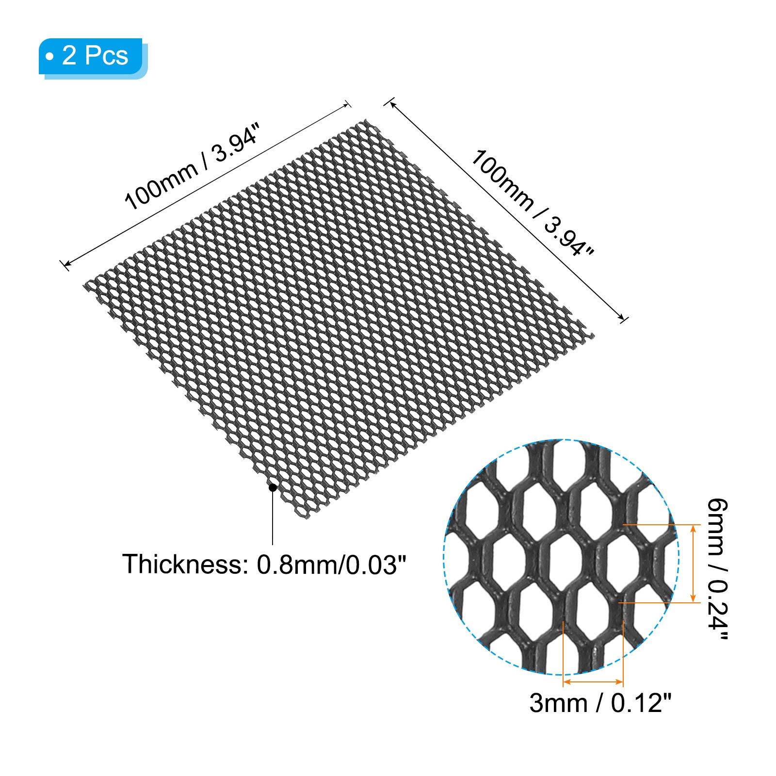 4″L x 4″W Universal Car Grill Mesh, 2Pcs 3x6mm Hexagon Hole, Black