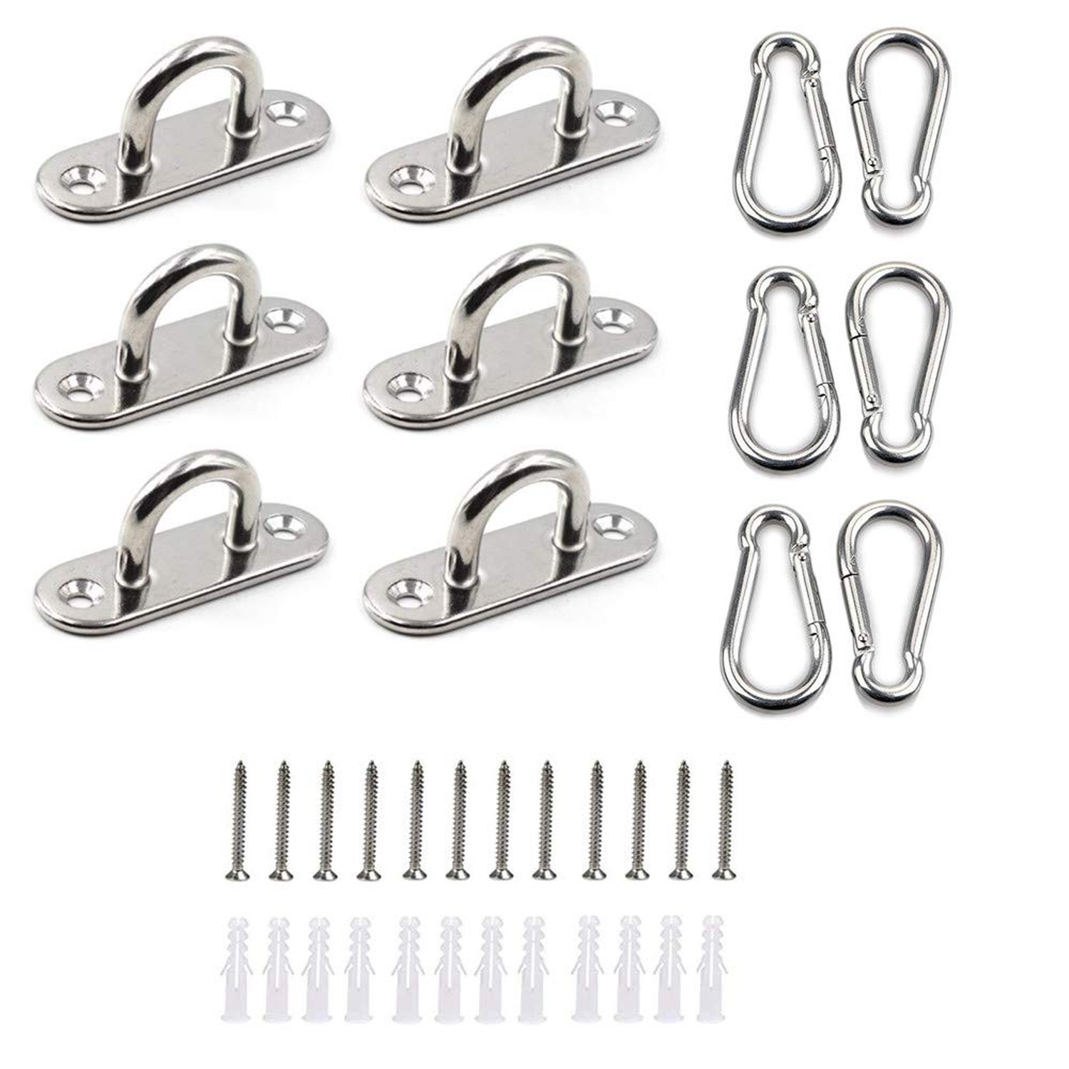 HOMPER 6Pcs M5 304 Stainless Steel Oblong Pad Eye Plate and 6Pcs Carabiner Cl…