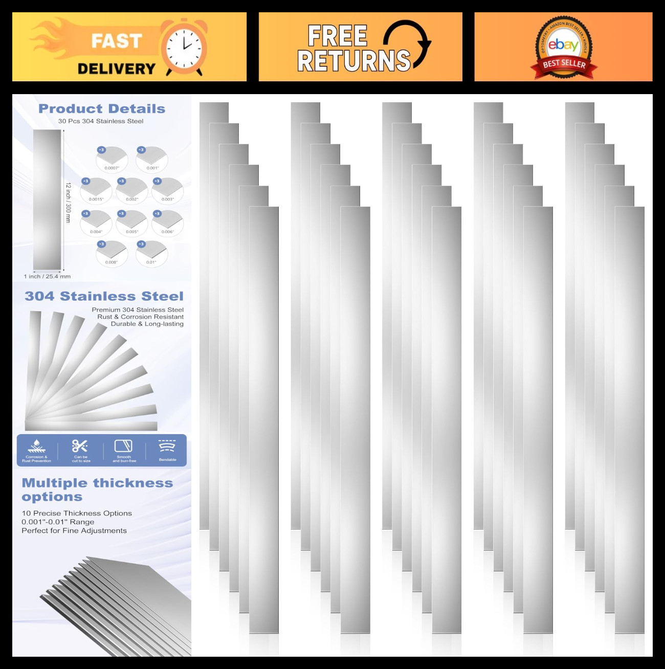 30 Pcs Stainless Steel Shim Stock Set, 1″ x 12″ Metal Shims for Leveling & Gaps