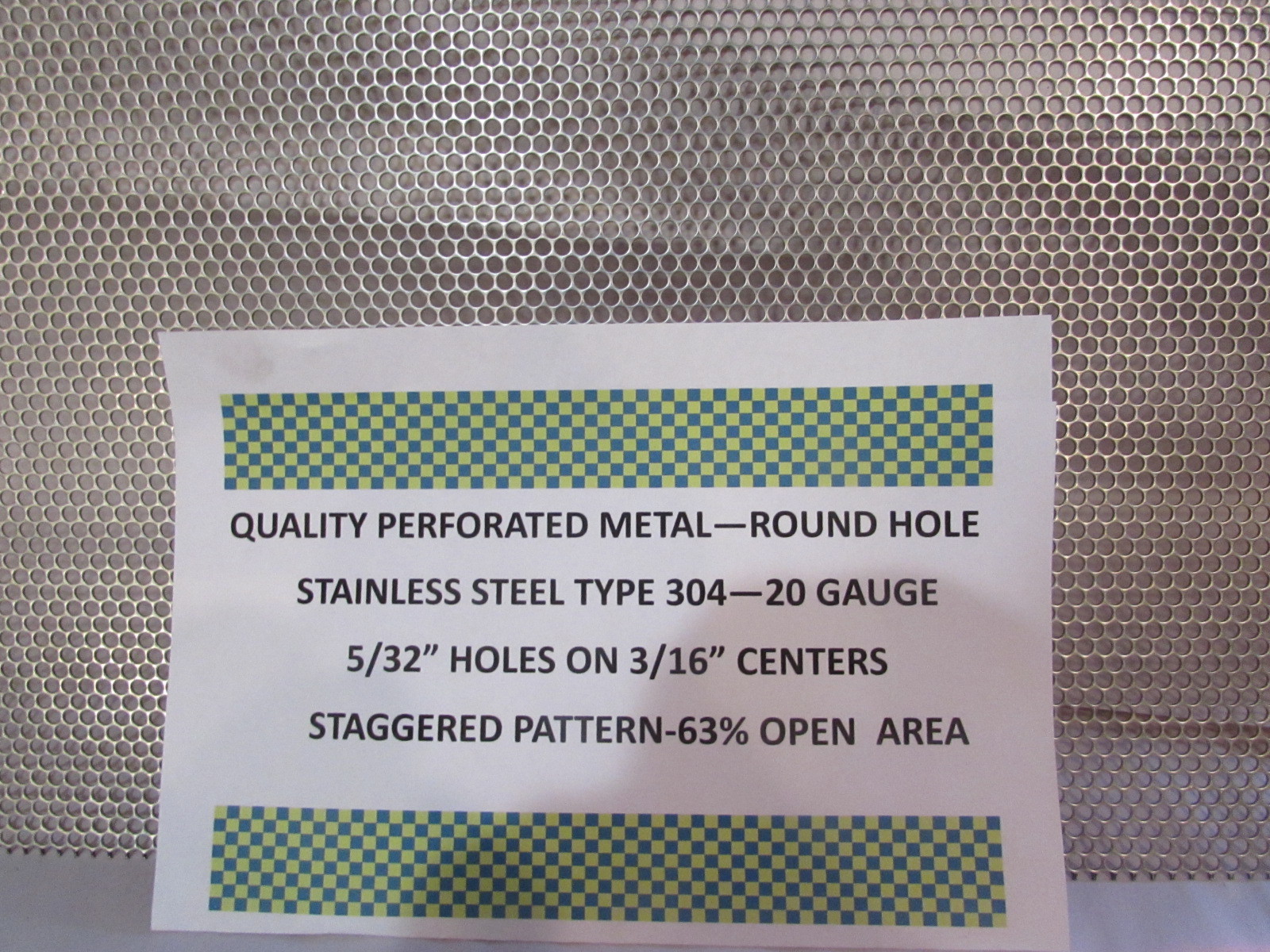 20 GA 304 STAINLESS PERORATED SHEET–5/32″ HOLES ON 3/16″STAGGERED 5″ x 16-1/2″