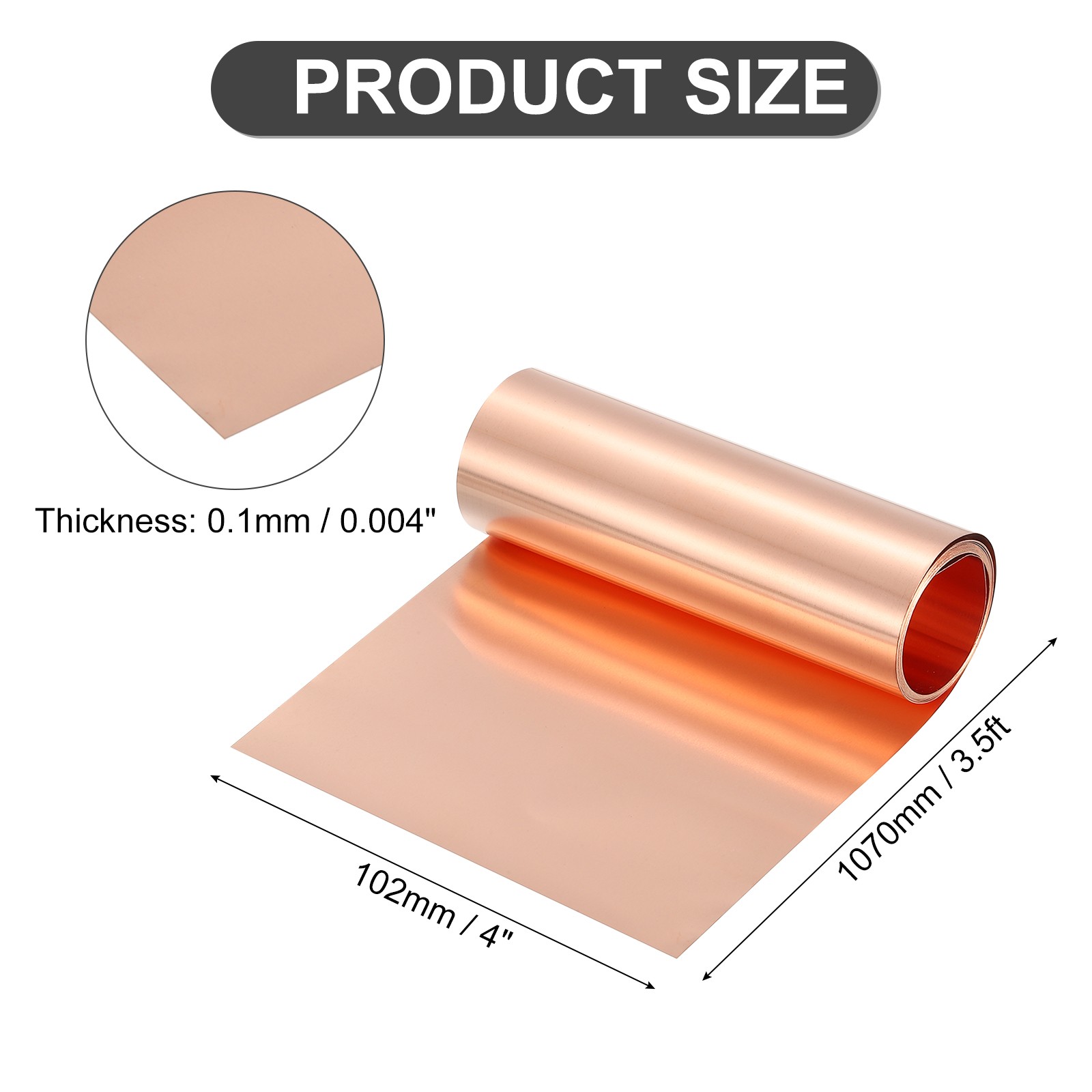 Pure Copper Sheet Roll, 0.1mm 22Ga Thick T2 3.5Ft x 4in Copper Strip for Craft