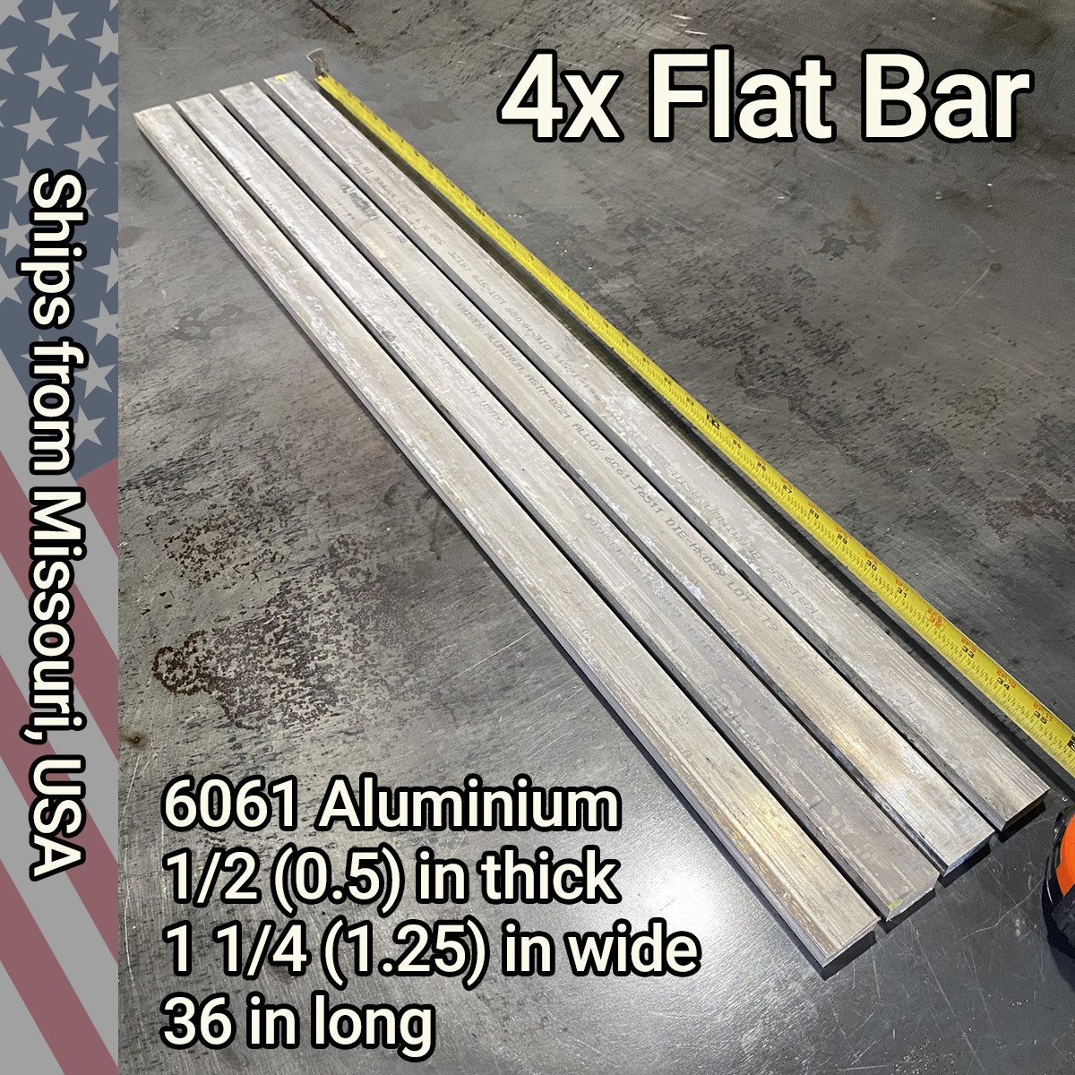 4x Pieces 1/2″ x 1-1/4″ (0.5″ x 1.25″) x 36″ long 6061 Aluminum Flat Bar