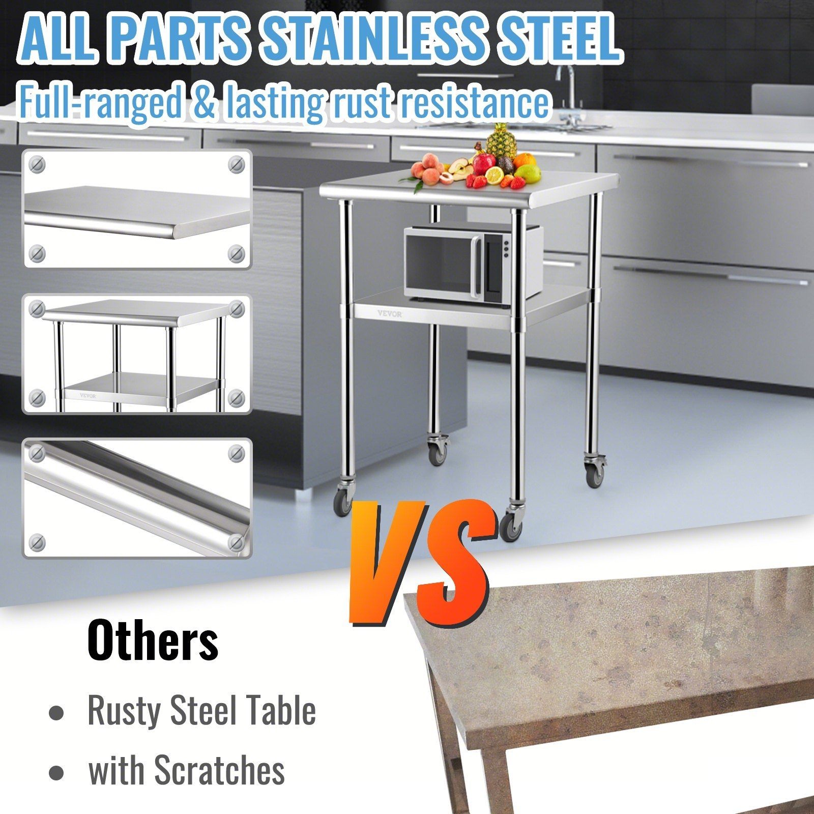 600lb 24x24x36in Stainless Steel Worktable with Adjustable Shelf & Wheels