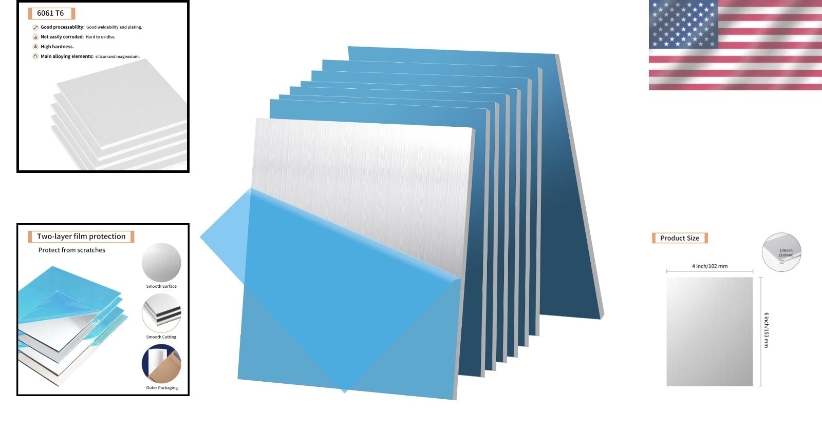 Aluminum Sheet Metal 1/8″ x 4″ x 6″ – Protective Film, 8 Pcs