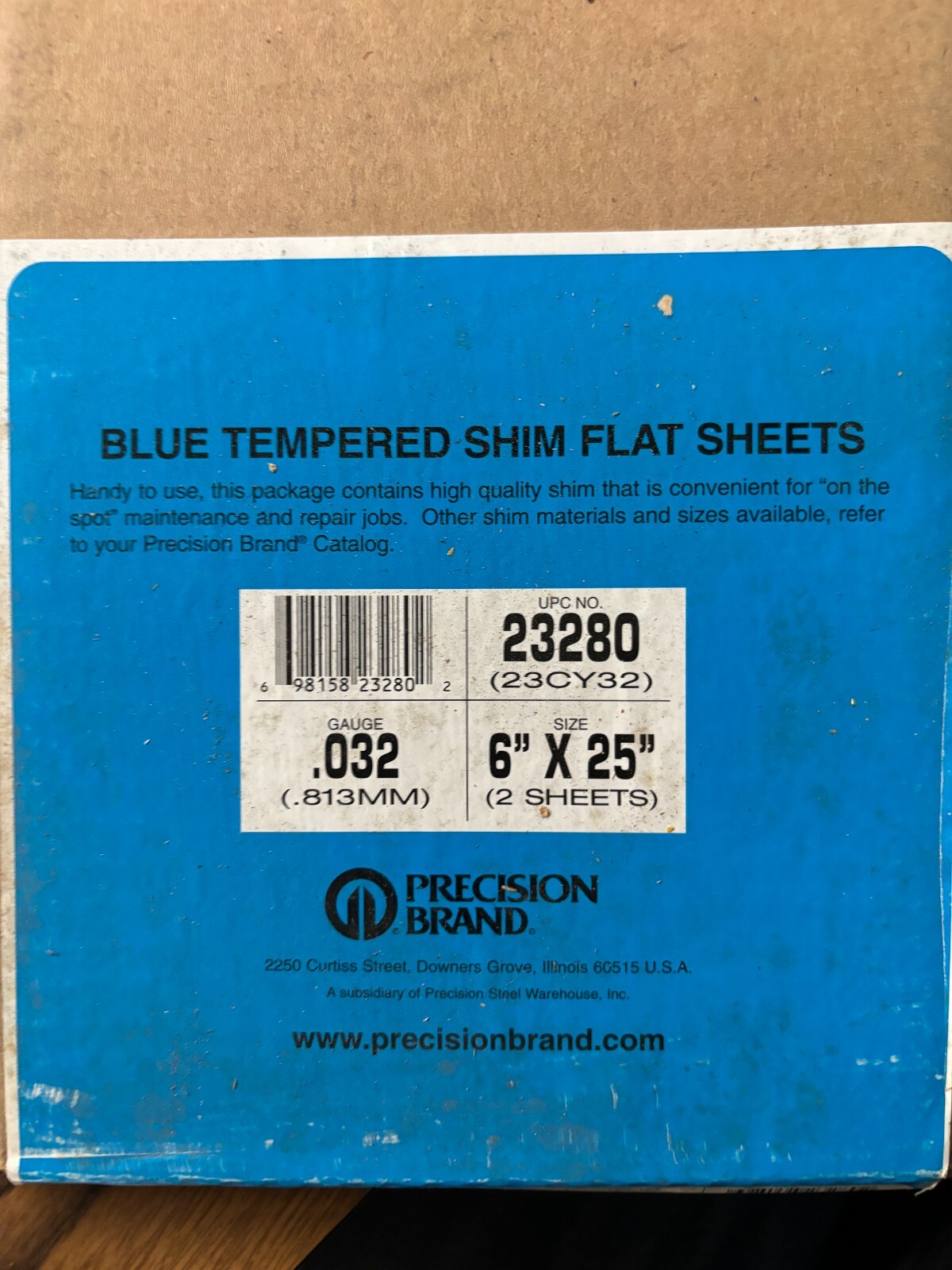 1 Precision Brand Blue Tempered Shim Flat Sheet 6″ x 25″ – .032 Gauge 23280