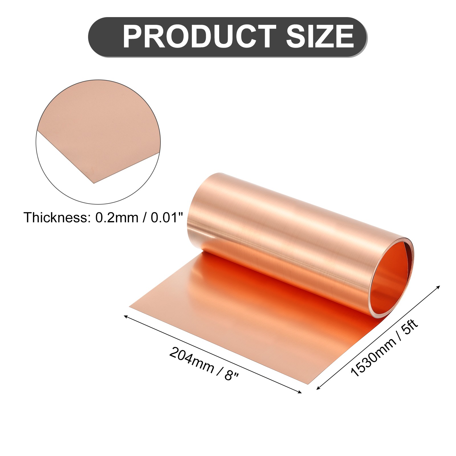 Pure Copper Sheet Roll, 0.2mm 24Ga Thick T2 5Ft x 8in Copper Strip for Craft