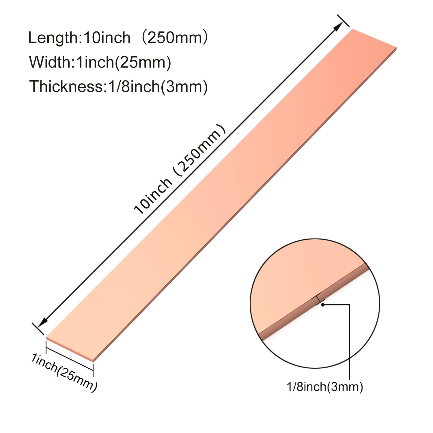 1 PCS Copper Flat Bar Stock, 1/8 T, 1 W, 10 L, 99.9 Solid C110 Metal Sheet