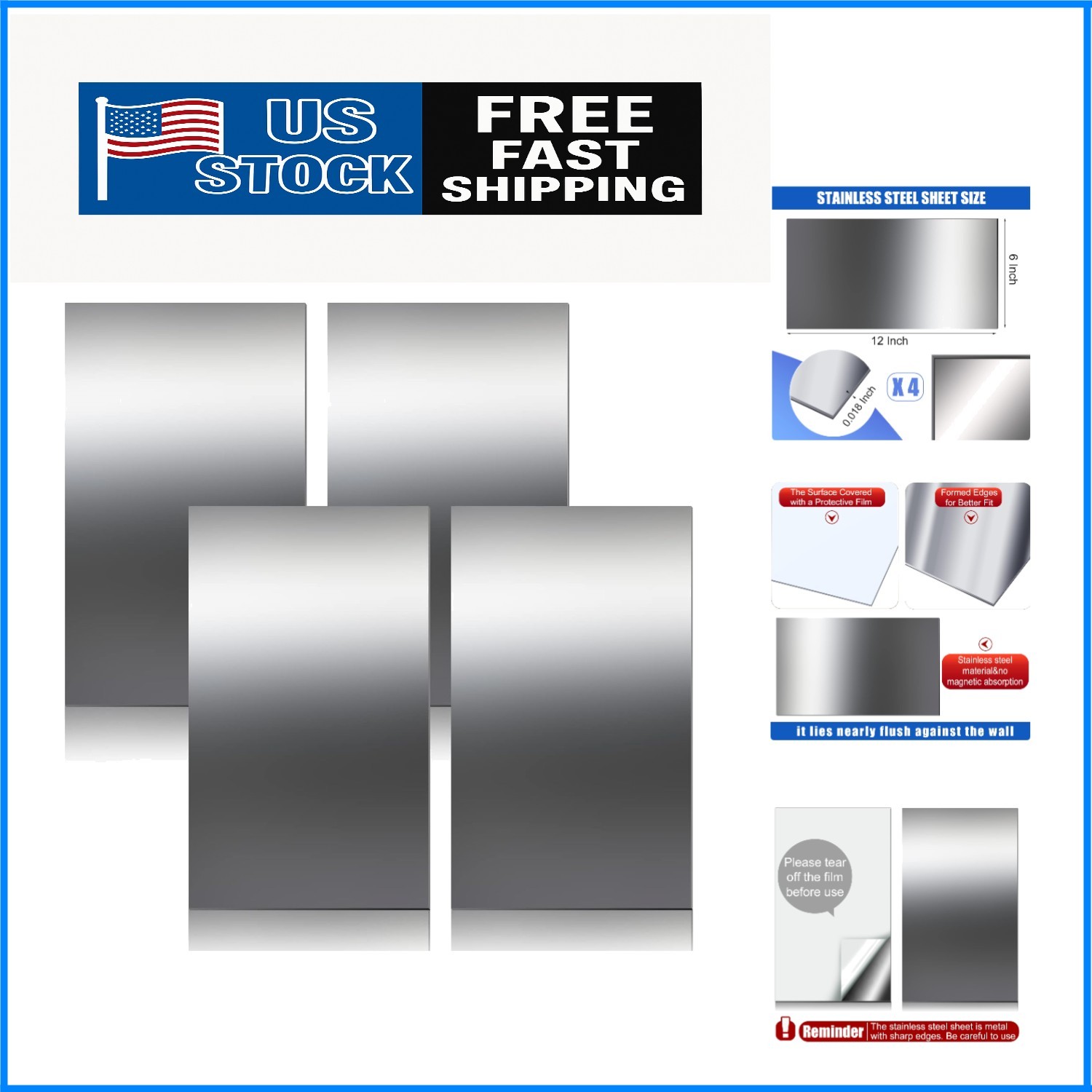 Versatile 304 Stainless Steel Craft Sheets – 4 Pcs Non-Magnetic Metal 12×6 Inch