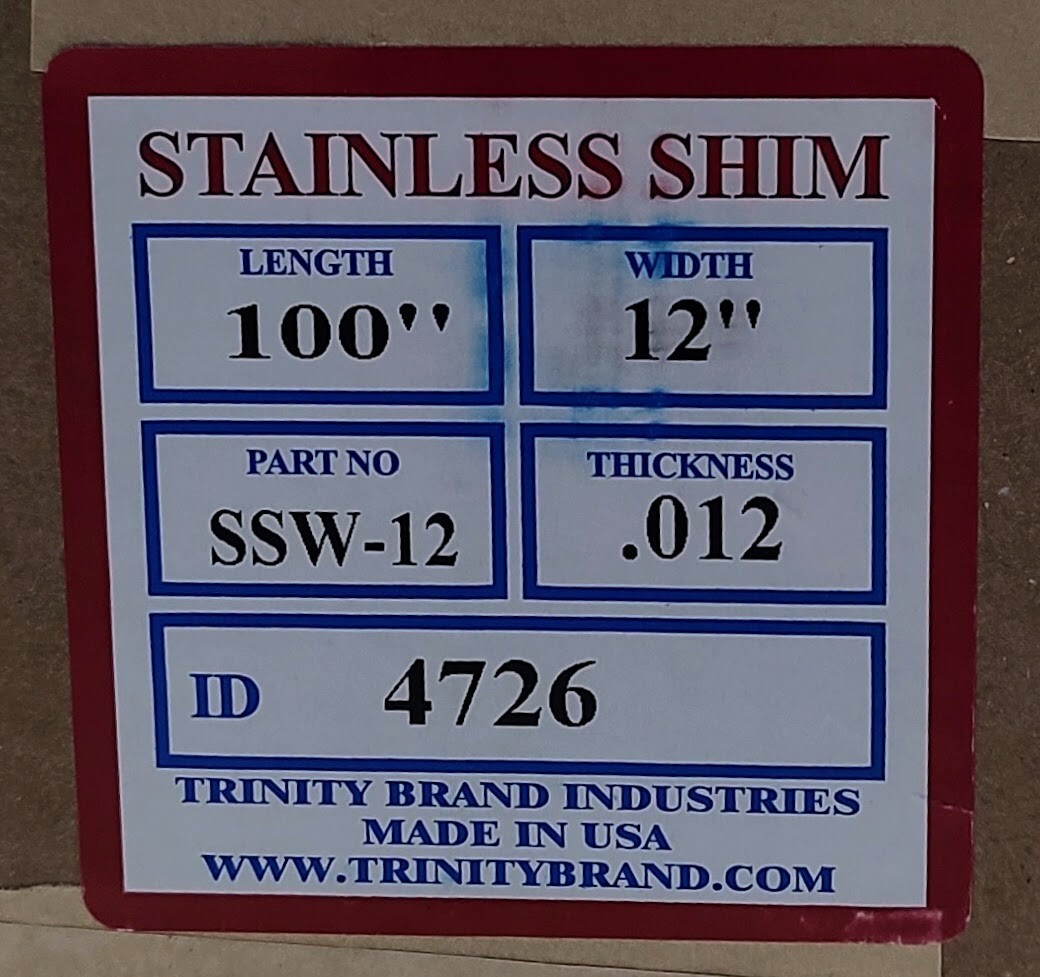 Trinity Stainless Steel Shim Roll 302/304 0.012″ x 12″ x 100″ SSW-12 Full Hard