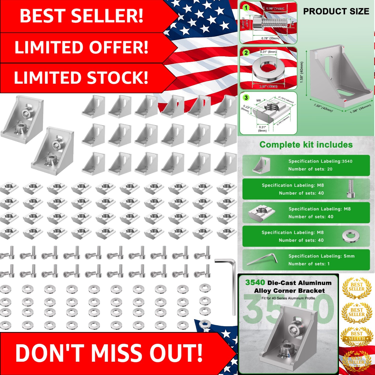 Heavy-Duty 4040 Series Aluminum Profile Connectors with Wrench and Hardware Kit