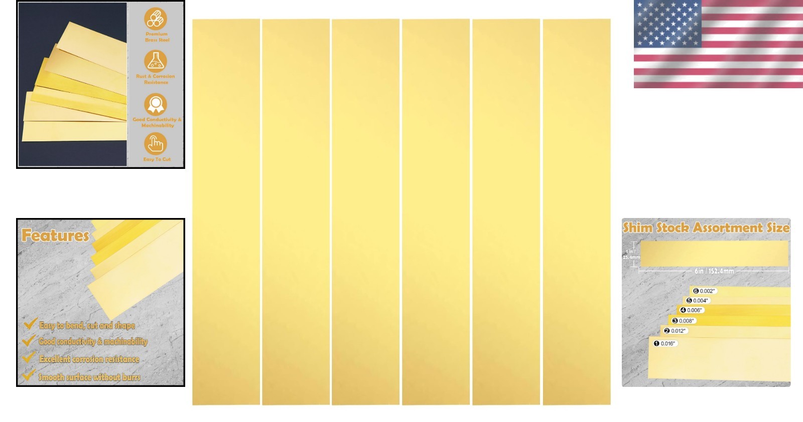 Commercial Grade Brass Shim Stock Assortment – 1″ Width x 6″ Length, 6 Pieces