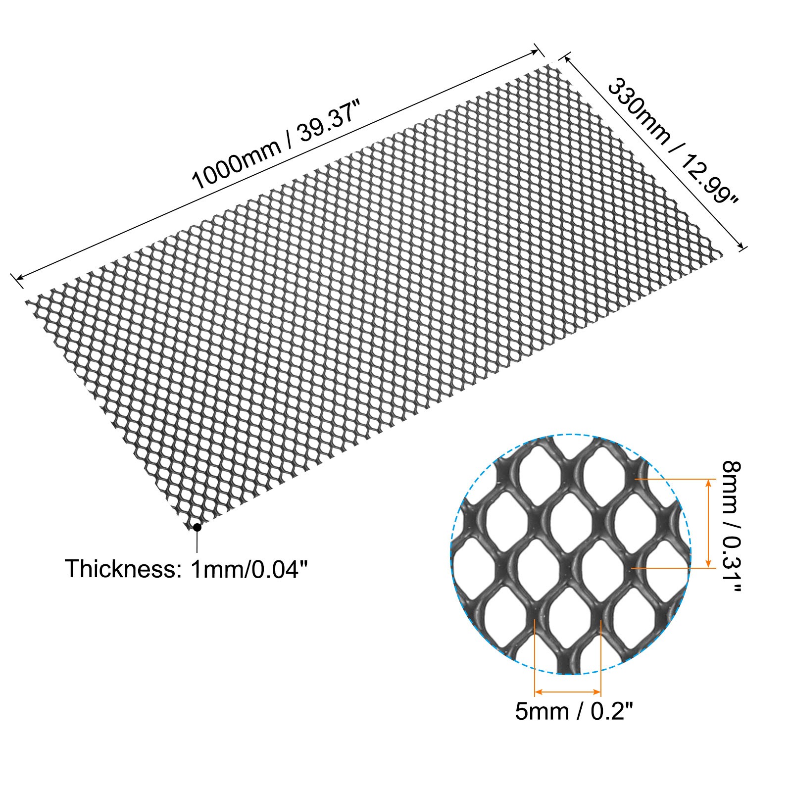 40″L x 13″W Universal Car Grill Mesh, 5x8mm Diamond Hole, Black