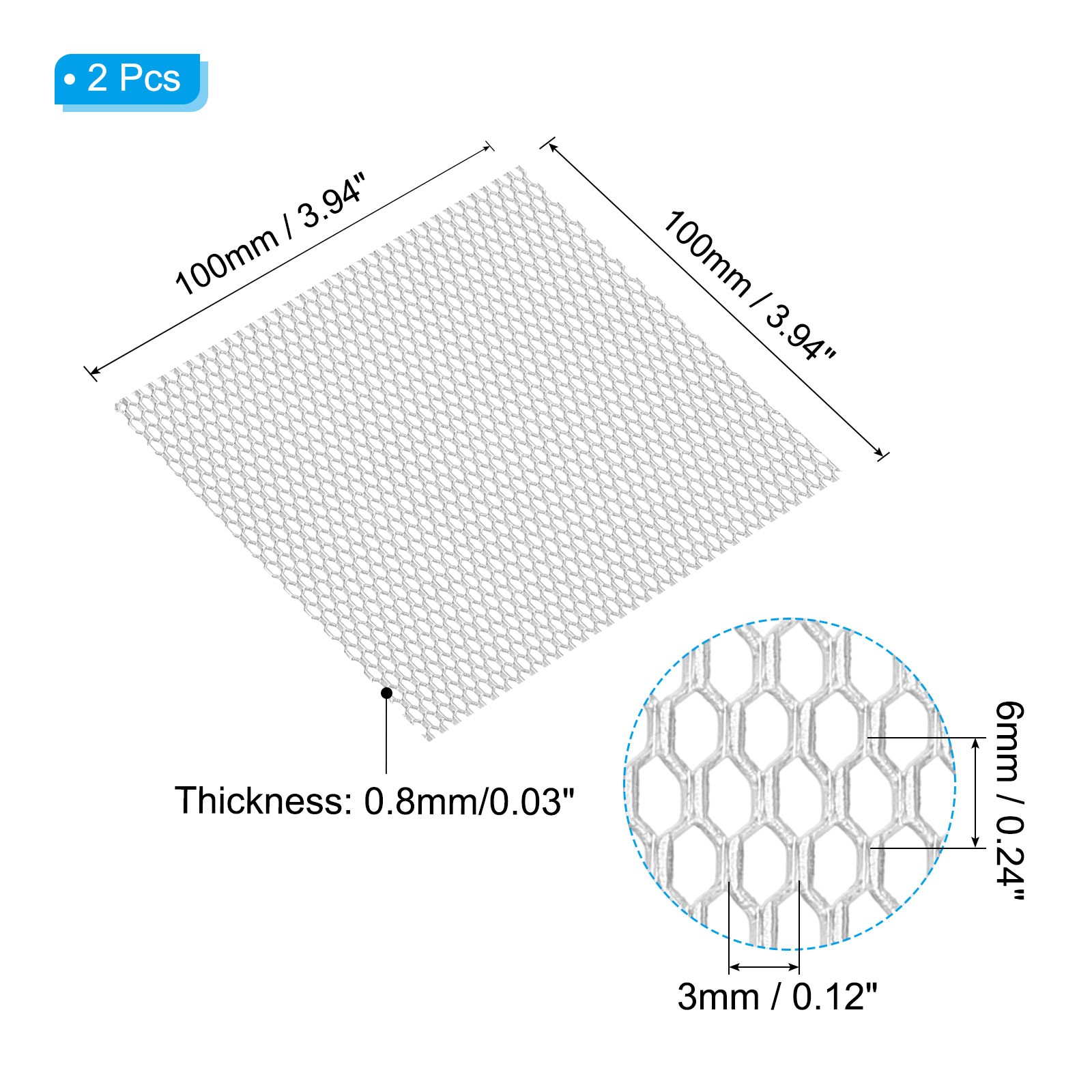 4″L x 4″W Universal Car Grill Mesh, 2Pcs 3x6mm Hexagon Hole, Silver Tone