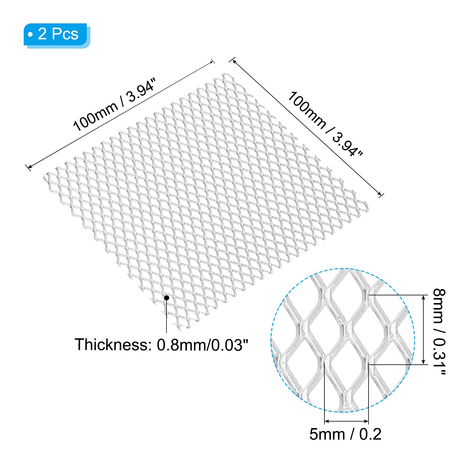 4″L x 4″W Universal Car Grill Mesh, 2Pcs 5x8mm Diamond Hole, Silver Tone