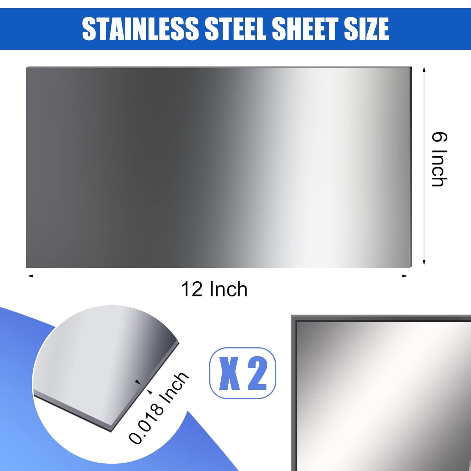 2 Pcs 304 Stainless Steel Sheet,12 X 6 X 0.018 Inch Metal Sheet for Crafting, No