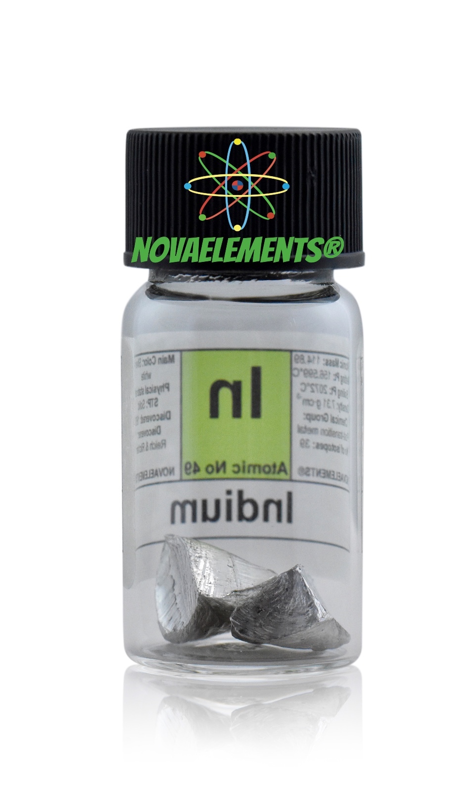 Indium metal element 49 sample 5 grams shiny pieces 99.99% in labeled glass vial