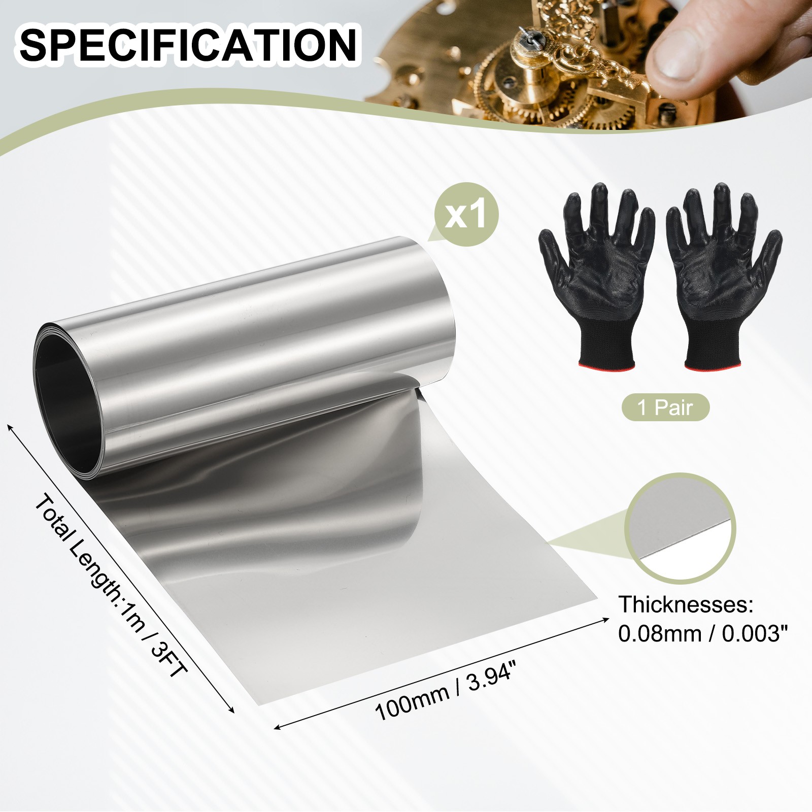 Stainless Steel Roll 0.08 x 100 x 1000mm for DIY Crafts (1 Pack, Silver)
