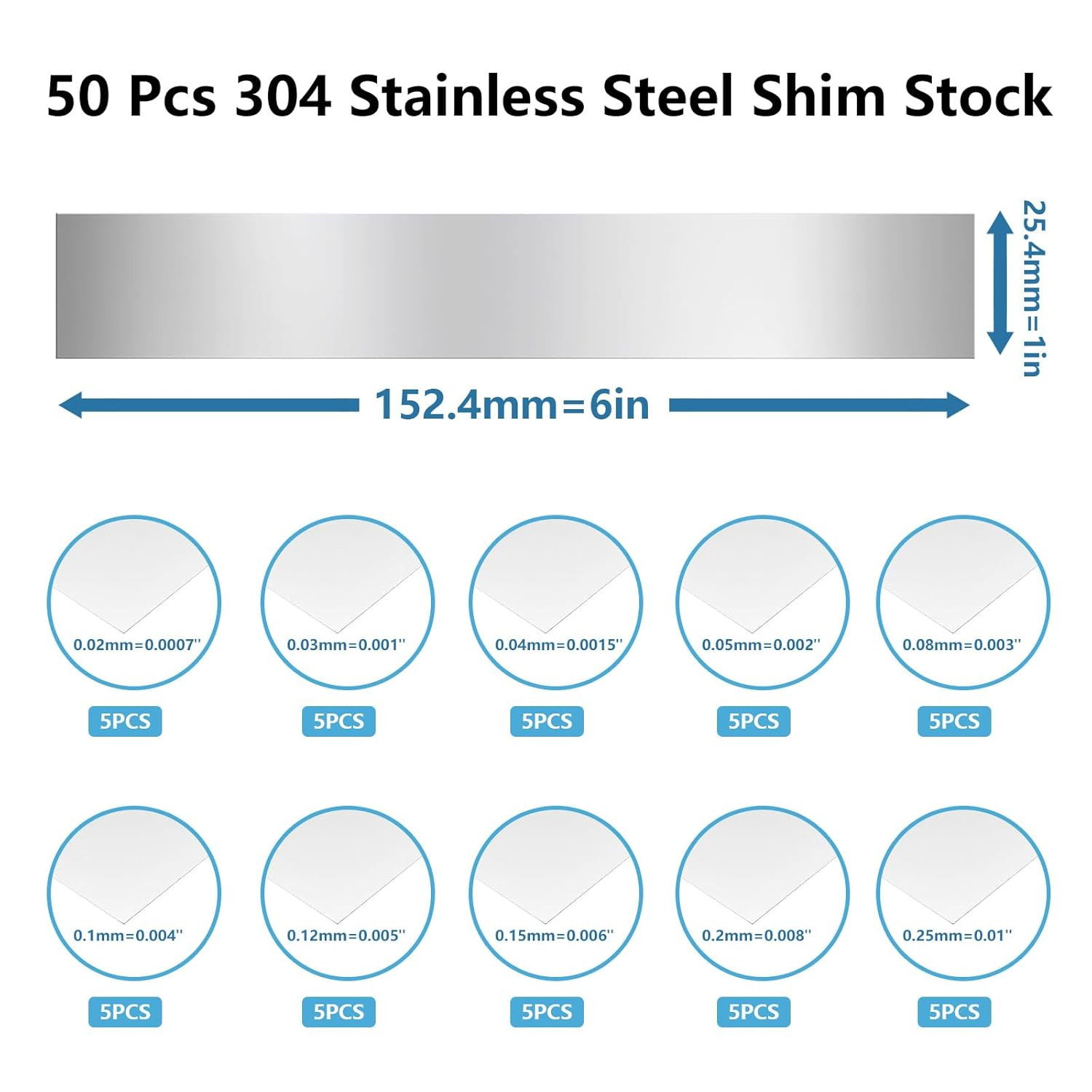 50Pcs 304 Stainless Steel Shim Stock Assortment, 1″ Width X 6″ Length 10 Thickne