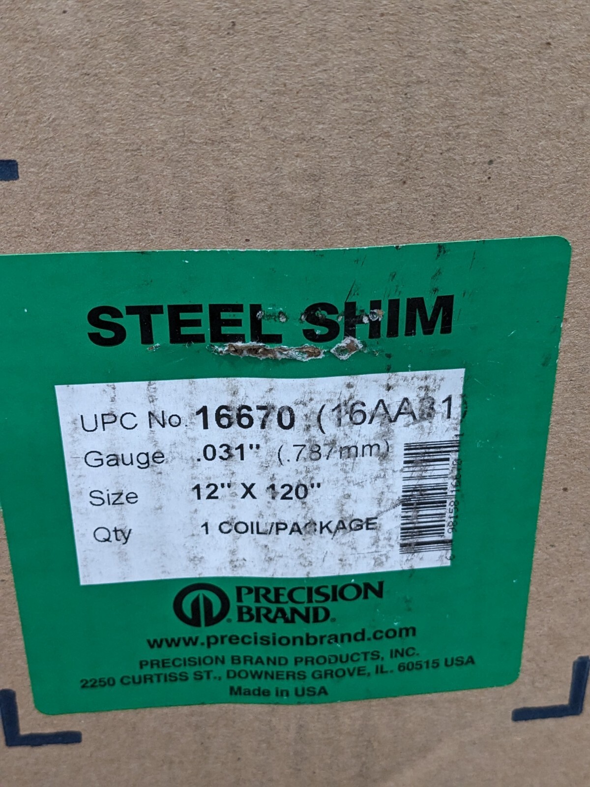 Precision Metal Shim Stock: Roll, 0.0310" T, 120" L, 12" W, 1010