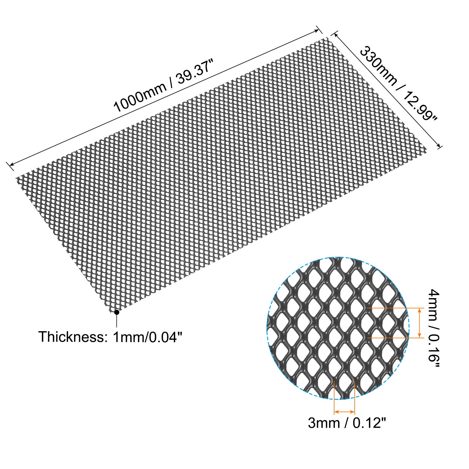 40″L x 13″W Universal Car Grill Mesh, 3x4mm Diamond Hole, Black