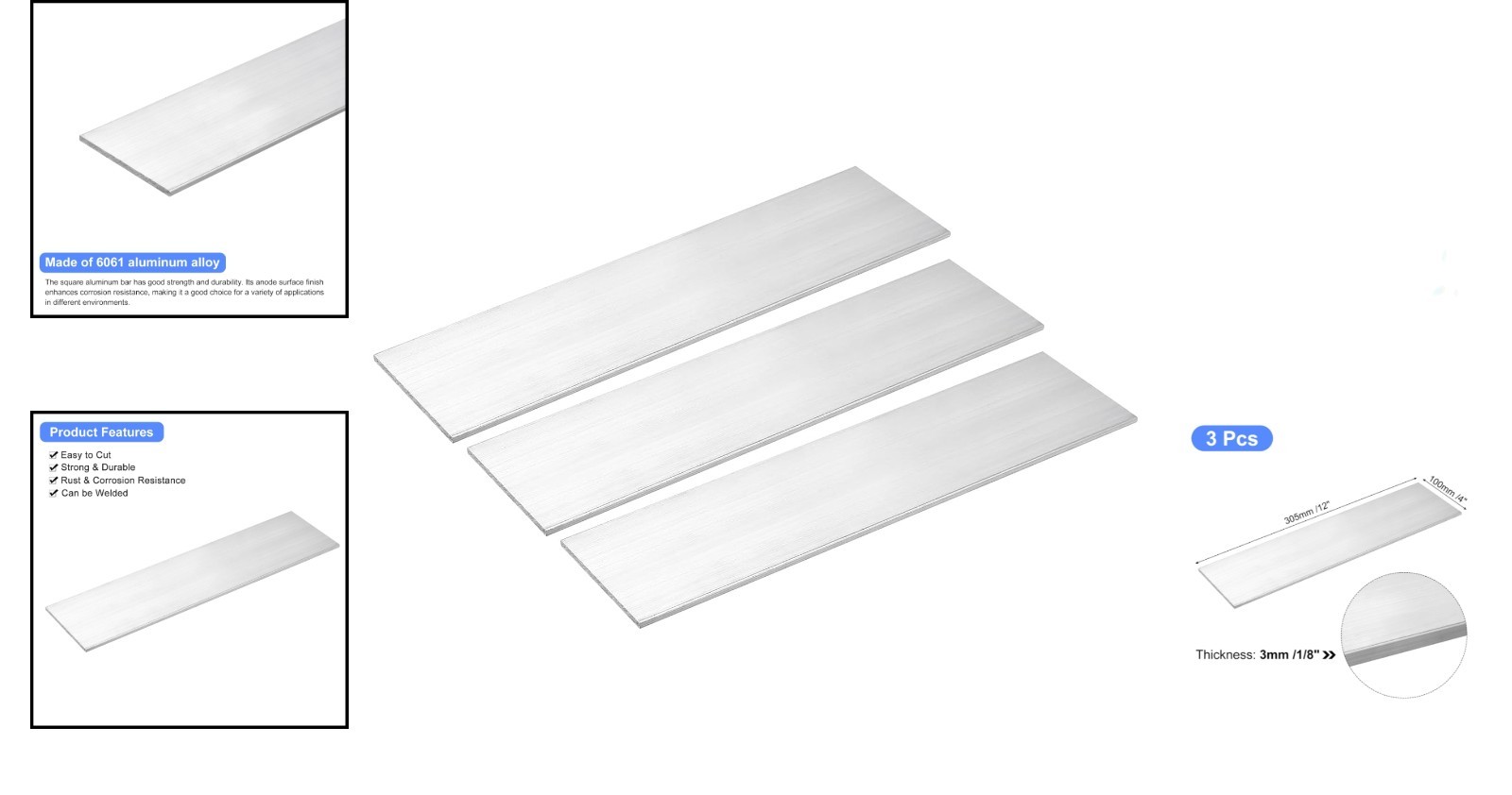 Set of 3 6061 Aluminum Flat Bars – 1/8″ x 4″ x 12″, Corrosion-Resistant