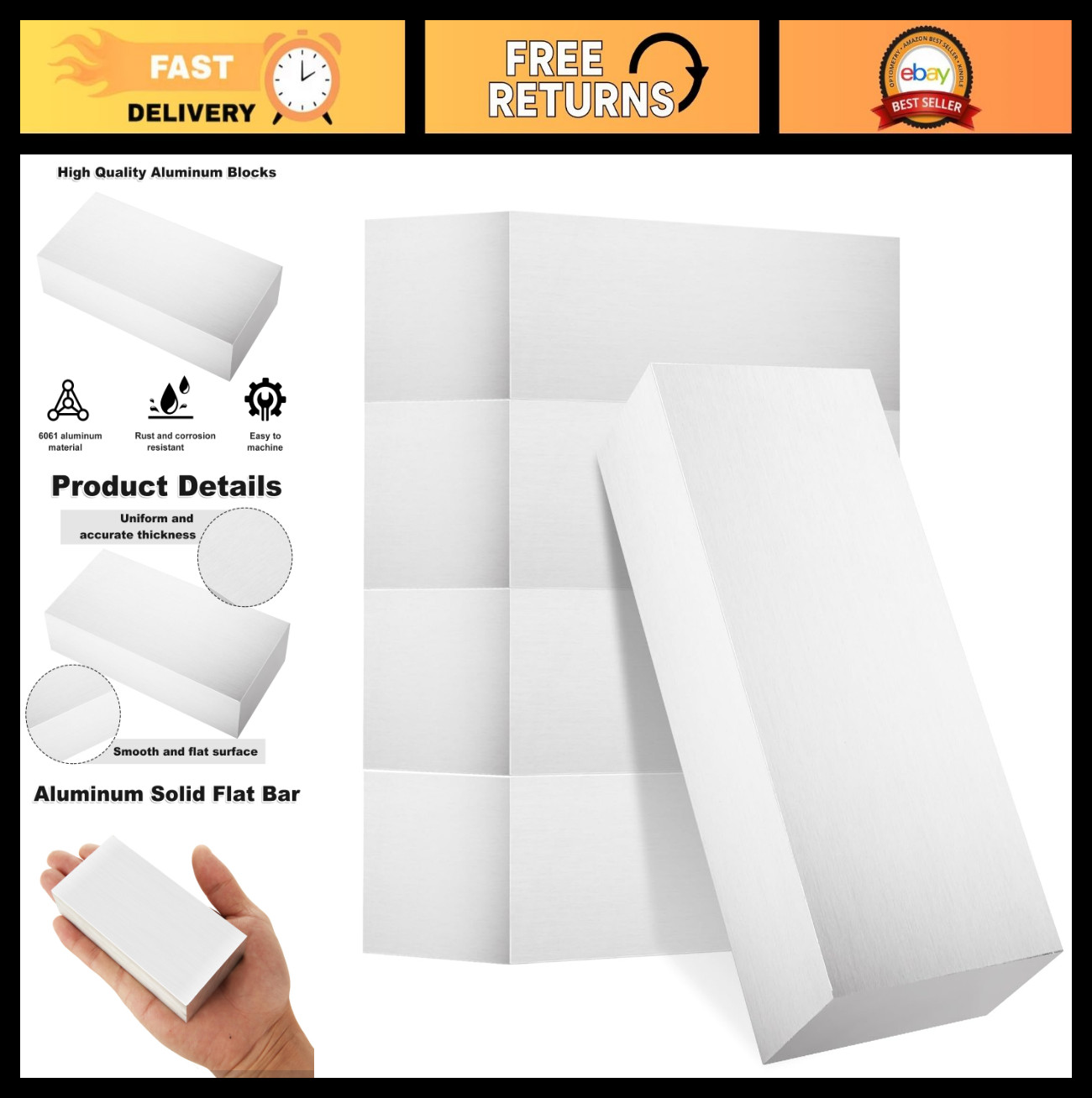 5PCS 1x2x4″ Aluminum Flat Bars – Solid 6061 T6 Block Stock, 25mm Thick, Versatil