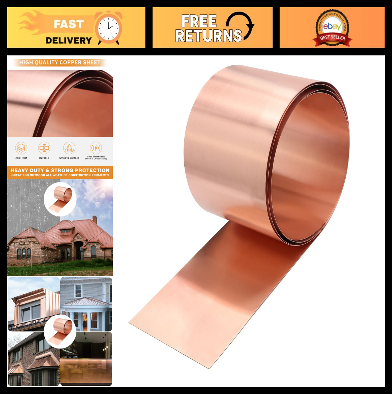 26 Gauge Copper Flashing Roll 4in x 10ft – 99.95% Pure Metal Sheet for Roofing &