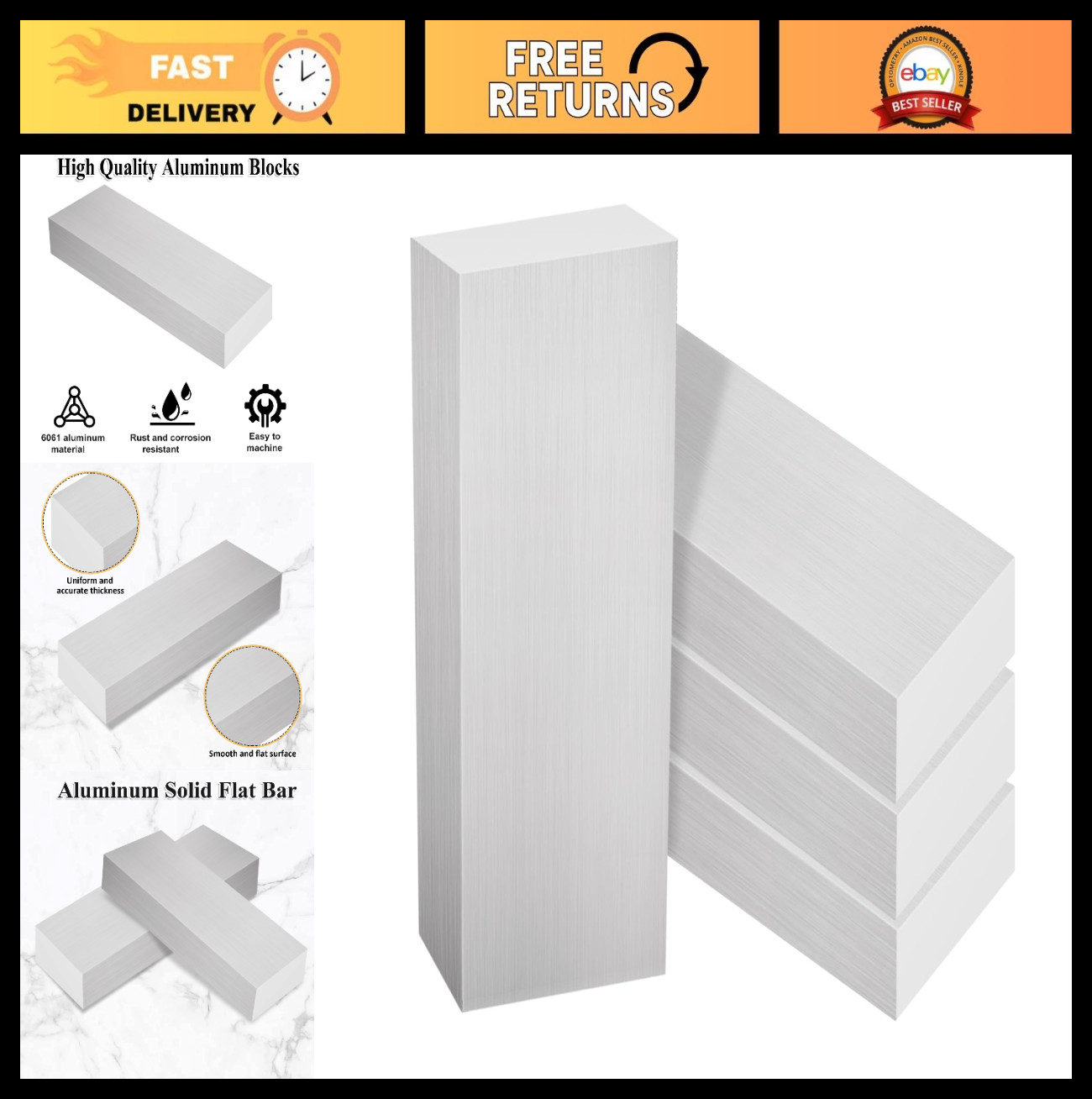 4PCS 1x2x8 Inch Square Aluminum Flat Bar, 6061 T6 Solid Block, 25MM Thick Stock
