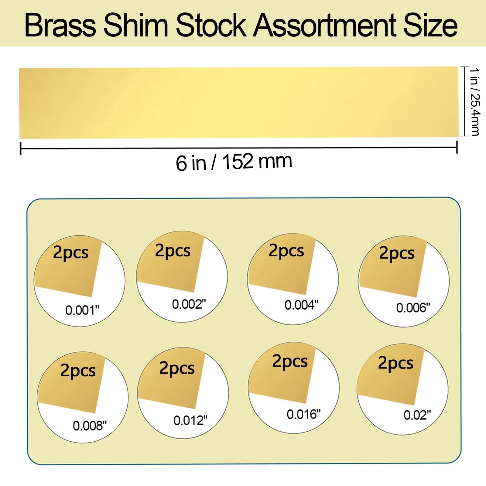 16 Brass Sheets Assortment – 6″x1″ Metal Shim Stock, Various Thicknesses 0.001″-