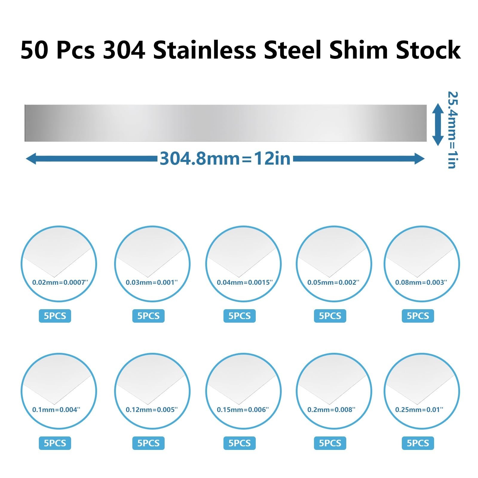 50pcs Stainless Steel Shim Stock Set, 1″x12″, 10 Thickness Sizes for Leveling &