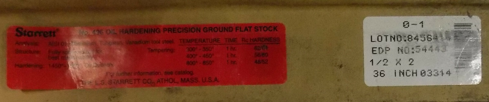 STARRETT O1 Tool Steel Ground Flat Bar Stock 1/2″ Thick X 36-5/8″ Long X 2″ Wide