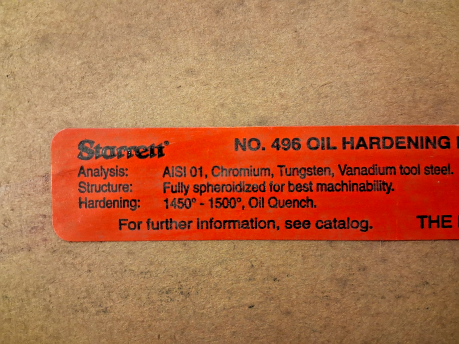 Starret o1 Oil Hardening Flat Stock 3/4" Thick 10" W 36" 54489